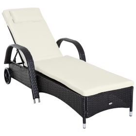 Outsunny Wicker Outdoor Chaise Lounge, 5-Level Adjustable Backrest PE Rattan Pool Lounge Chair with Wheels, Cushion & Headrest, Dark Coffee and Cream