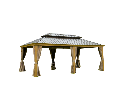 Outdoor Living 14x20FT Hardtop Gazebo, Permanent Metal Gazebo with Galvanized Steel Double Roof and Aluminum Frame, Curtain and Netting, Large Pavilio