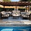 5PC Outdoor Aluminum Patio Furniture,Modern Chat Sofa Conversation Set,Removable Sunbrella Cast Silver Fabric Cushions and Table with White Carrara Ma