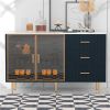 Modern Sideboard MDF Buffet Cabinet Marble Sticker Tabletop and Amber-yellow Tempered Glass Doors with Gold Metal Legs & Handles (Navy Blue)