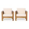 ( Set of 2) Outdoor Acacia Wood Club Chairs with Cushions, Teak+Beige, 27.75"D x 32"W x 27.75"H