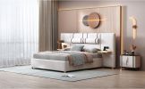 Queen Size Upholstered Platform Bed, Two Outlets and USB Charging Ports on Both Sides, Two Bedside Pillows, Storage Shelves,Velvet, Beige