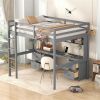 Full Size Loft Bed with Desk, Cabinets, Drawers and Bedside Tray, Charging Station, Gray