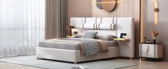 Queen Size Upholstered Platform Bed, Two Outlets and USB Charging Ports on Both Sides, Two Bedside Pillows, Storage Shelves,Velvet, Beige